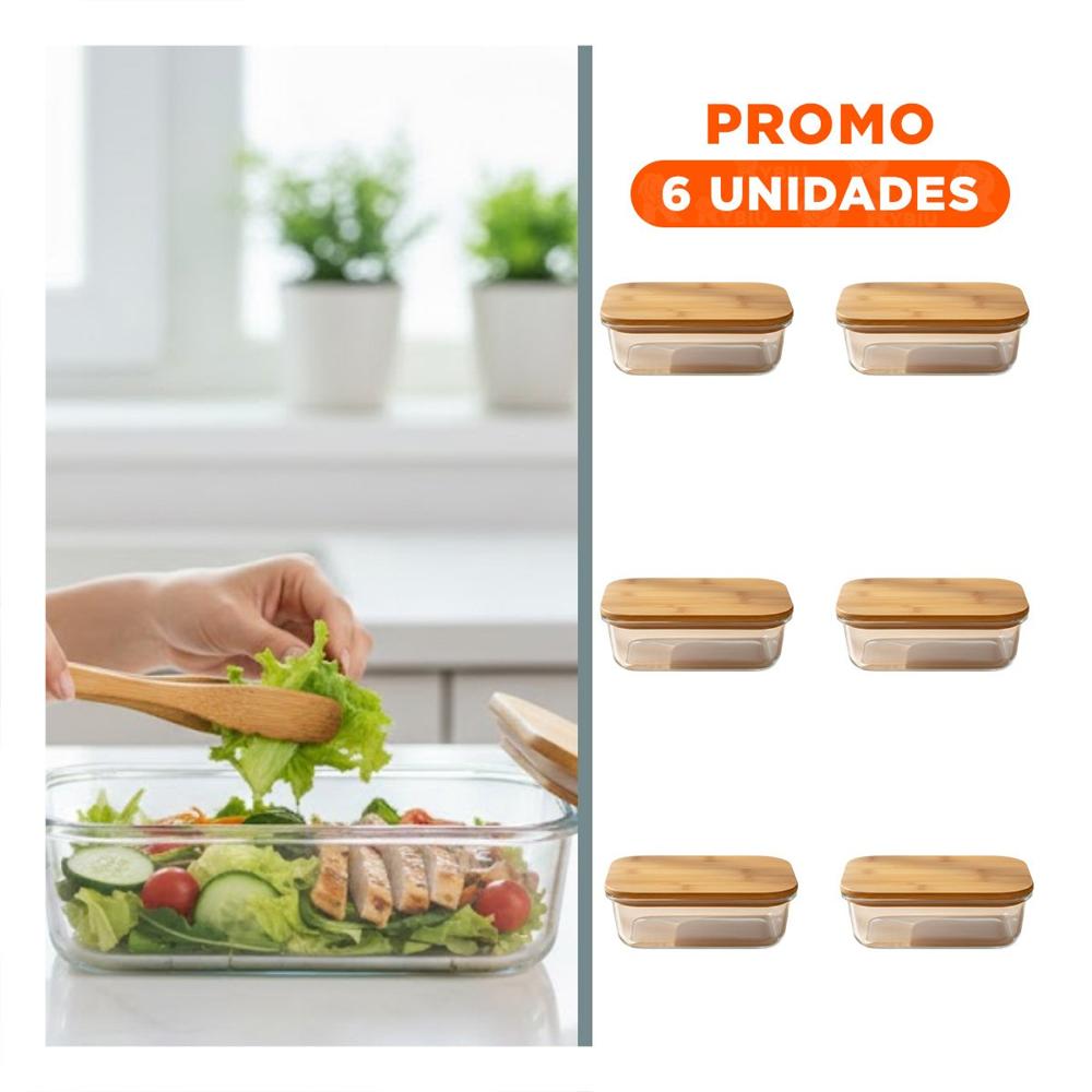 Pack6 Contenedor 640ml rectangular transparente con tapa de bambu despensa Y Regalo Sticker