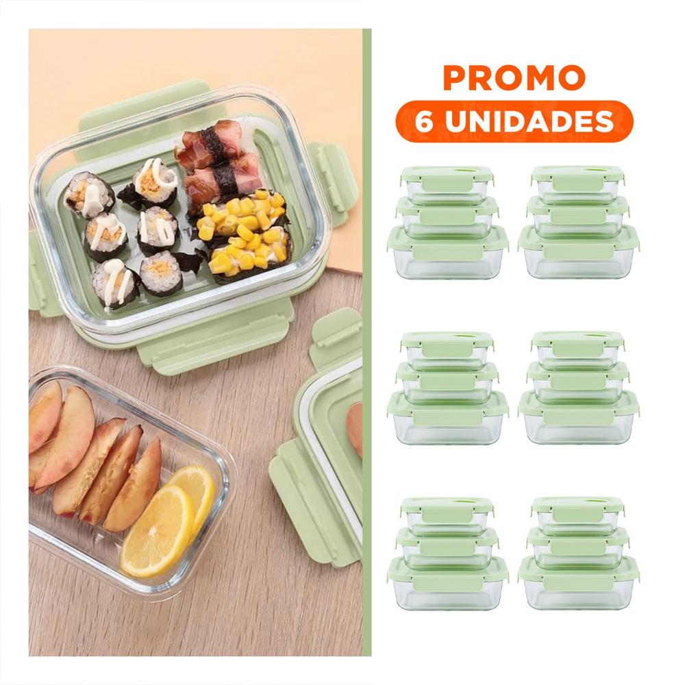 Pack6 Portacomidas de vidrio rectangular con tapa verde pack de 3 hogar Y Regalo Sticker
