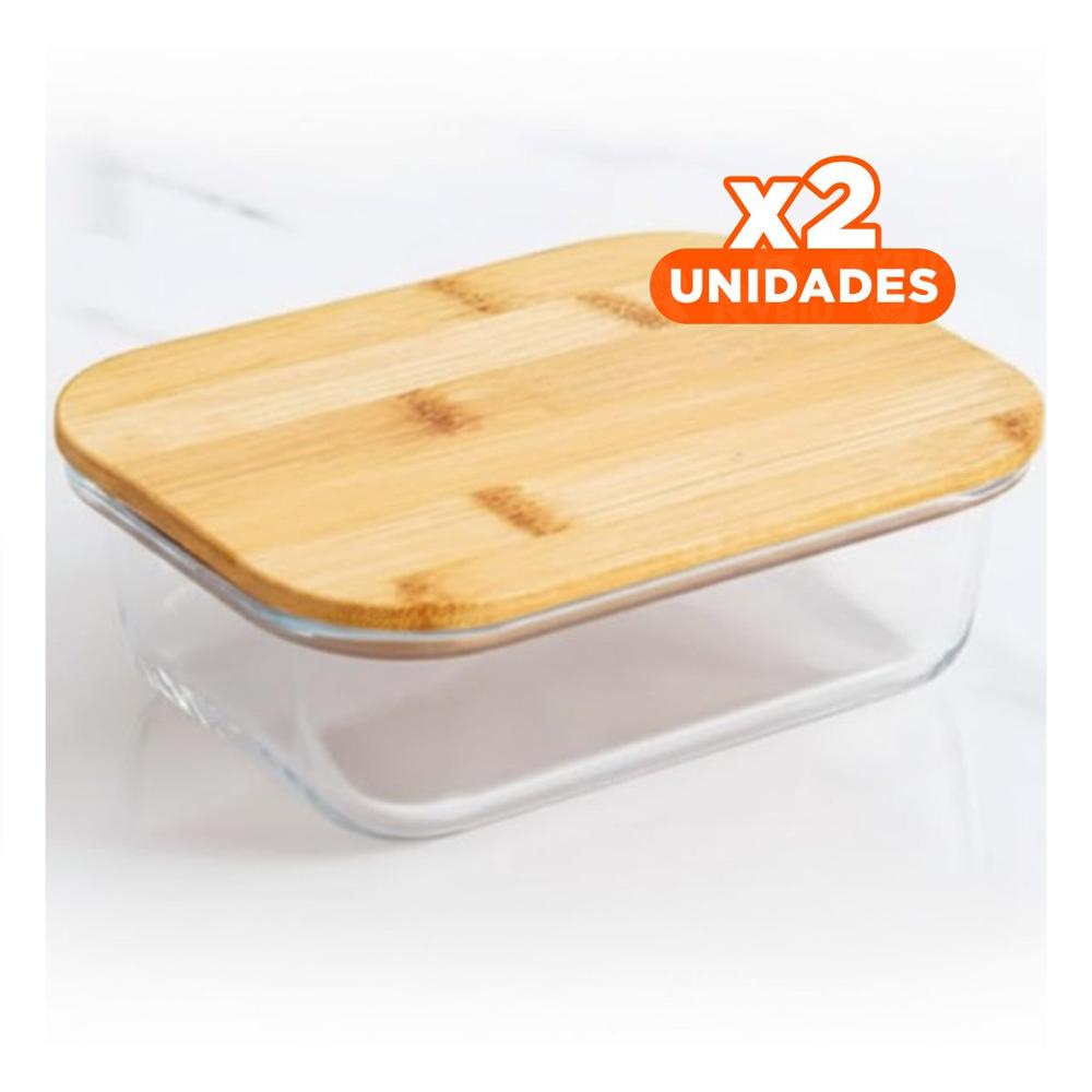 Pack2 Taper 640ml rectangular transparente con tapa de bambu para hogar Y Papel Regalo