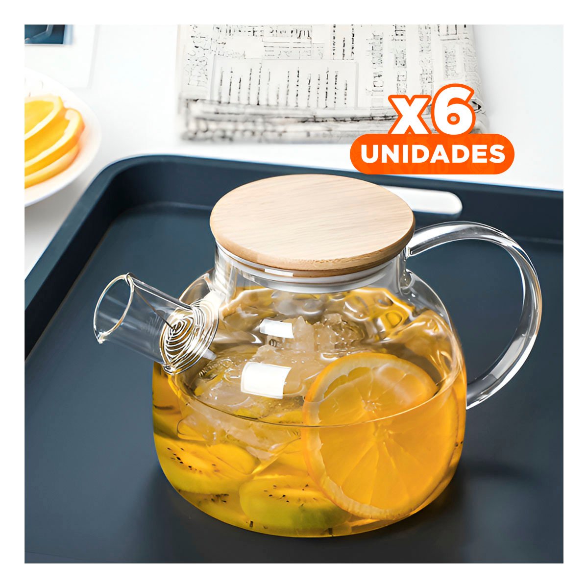 Pack6 Jarro de Vidrio 1L con Tapa de Madera y Filtro en Pico Durable y Facil YPapel Regalo