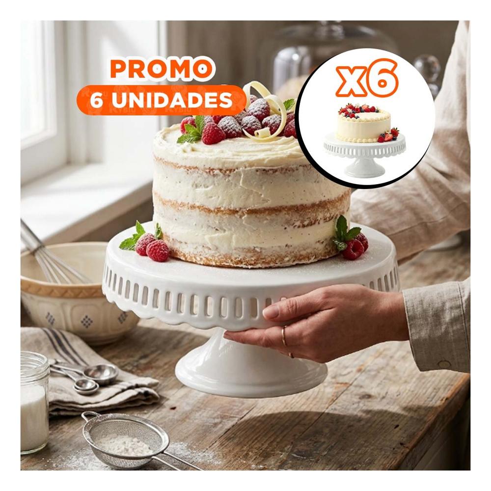 Pack6 Exhibidor para Reposteria Color Blanco Rayitas Ceramica 30 cm YPapel Regalo