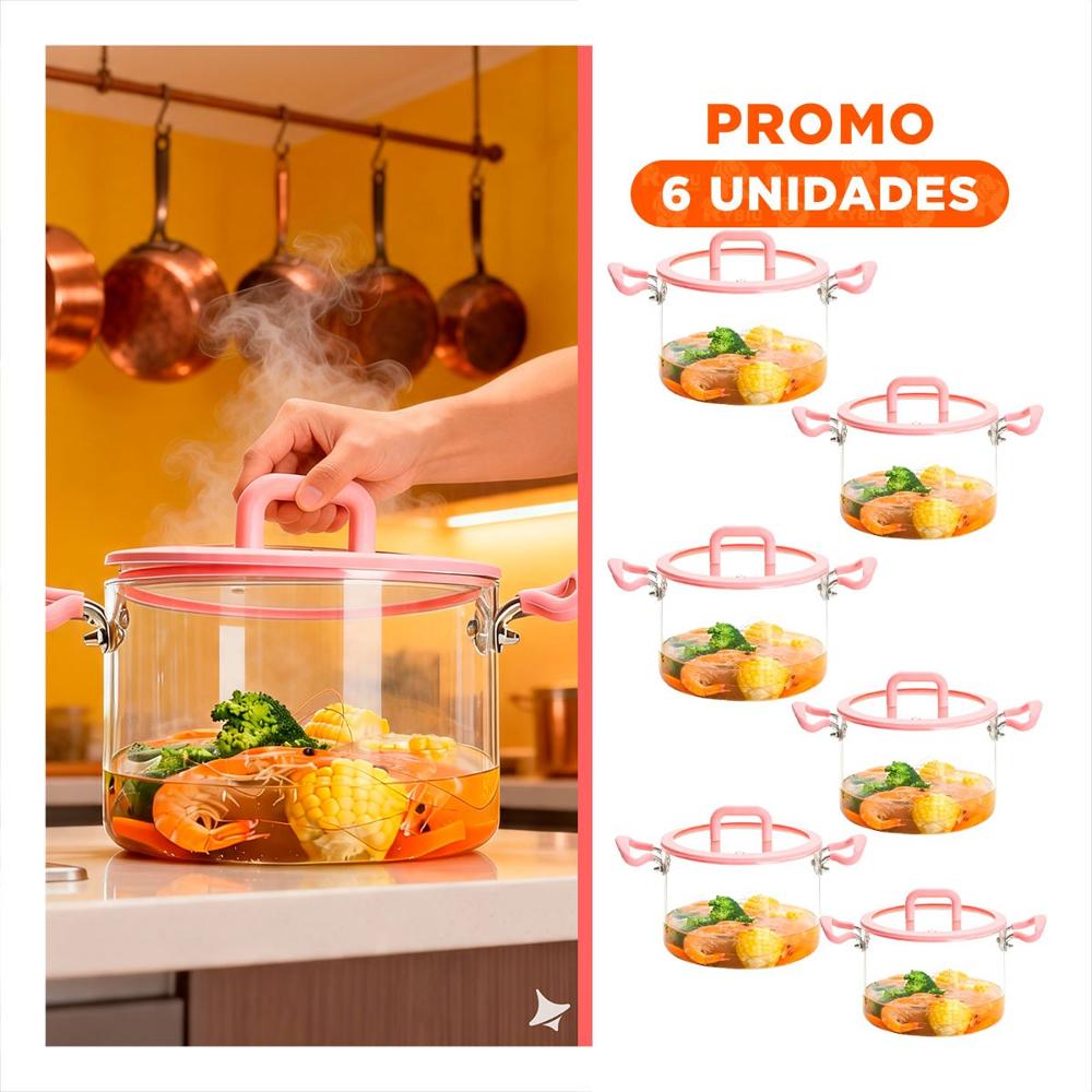 Pack6 Cazuela con Tapa Circular 4.5L Asa y Borosilicato Rosado y Transparente YRegalo Sticker
