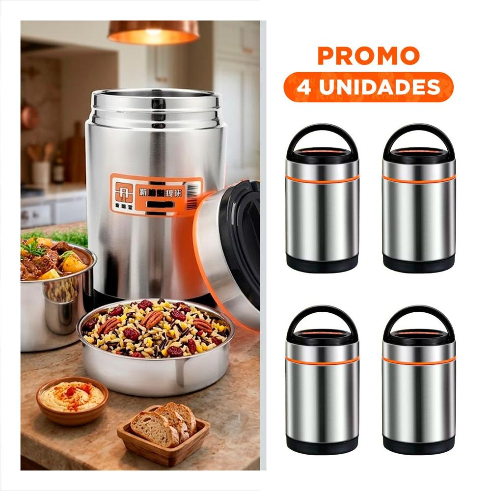 Pack4 Taper de Uso Diario 1400ml Plateado y Naranja para Transporte de Alimentos