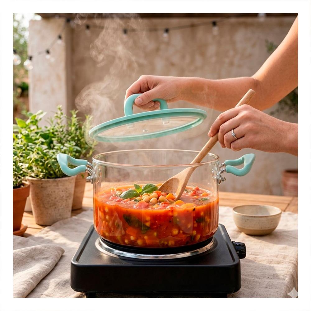 Olla con Asa y Tapa de Borosilicato Verde Agua y Transparente 4.5L Circular Y Sticky
