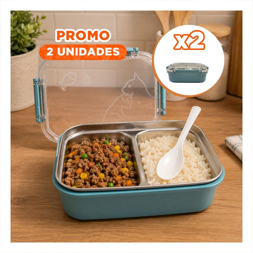 Pack2 Recipiente Rectangular de 2 Niveles con Cubierto Pez Cat Celeste