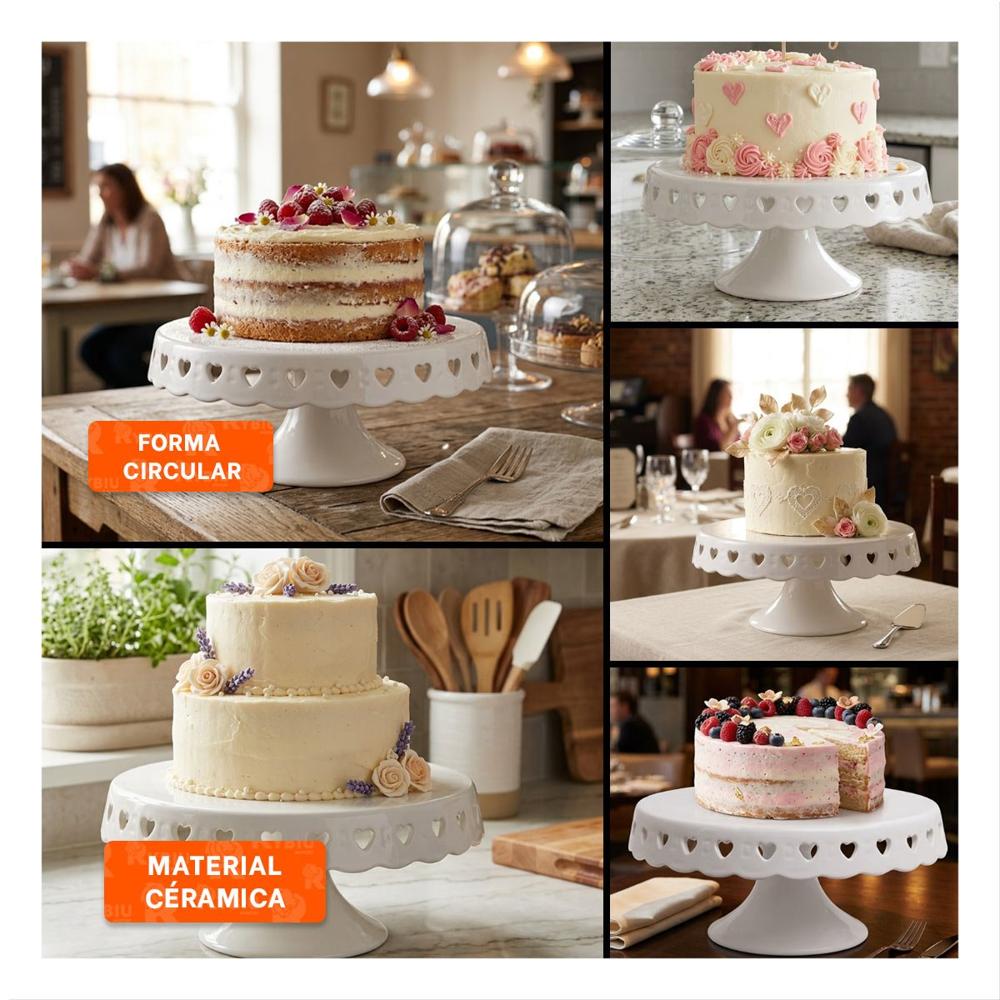 Base Porta Torta Color Blanco Ceramica Corazones 25 cm para Mesa YLigas Regalo
