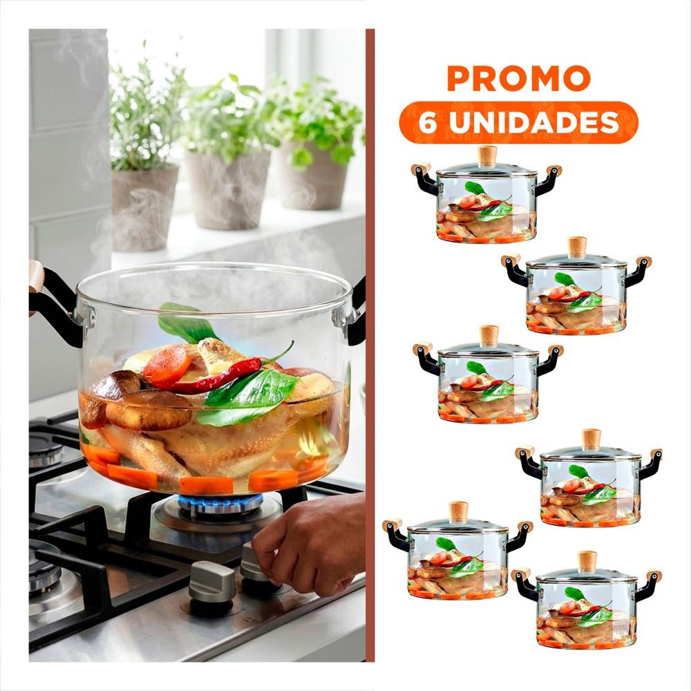 Pack6 Cazuela con Tapa Circular 4.5L Asa de Madera y Borosilicato Transparente YRegalo Sticker