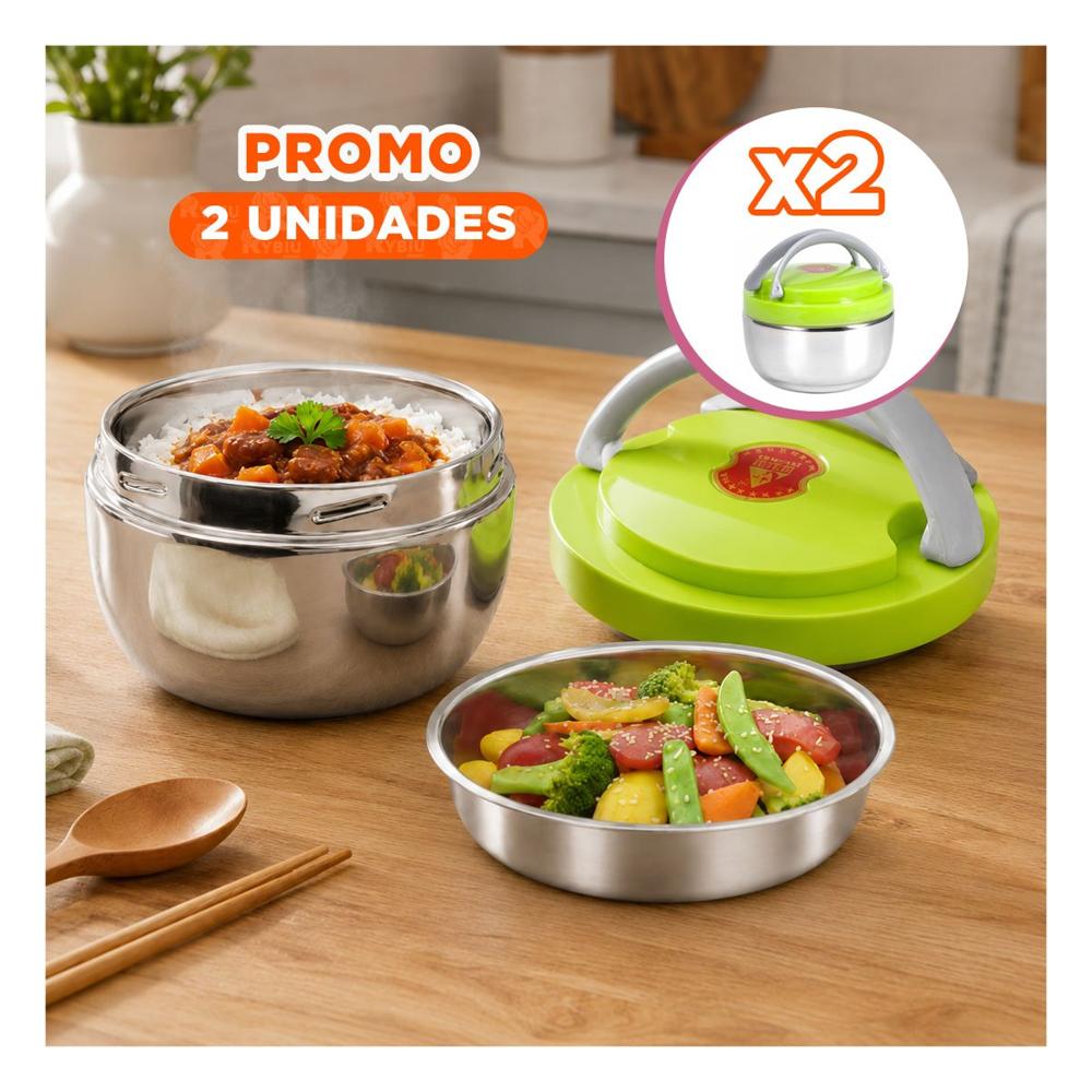 Pack2 Envase Circular para Comidas 1200ml con Conservacion Termica Color Verde YPapel Regalo