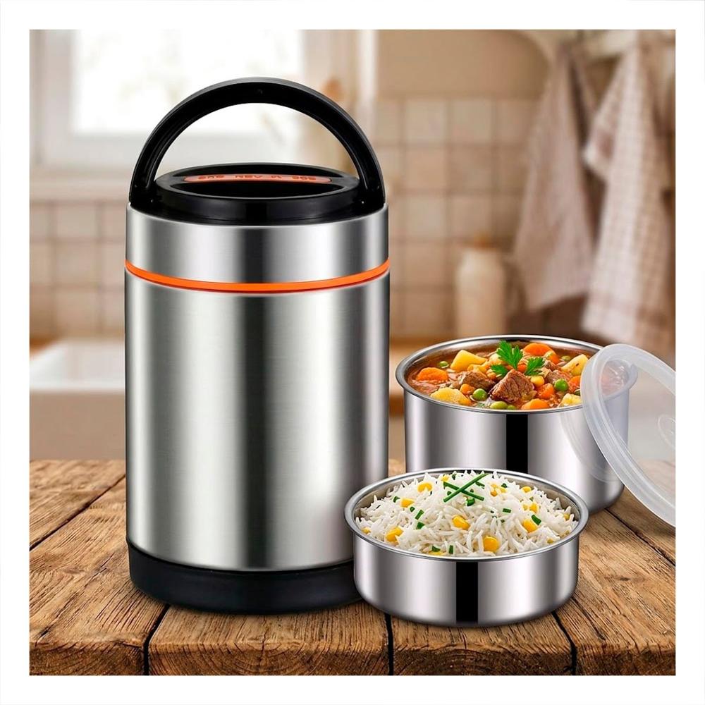 Taper para Comidas 1400ml Color Naranja y Plateado con Tapa Segura YSticky