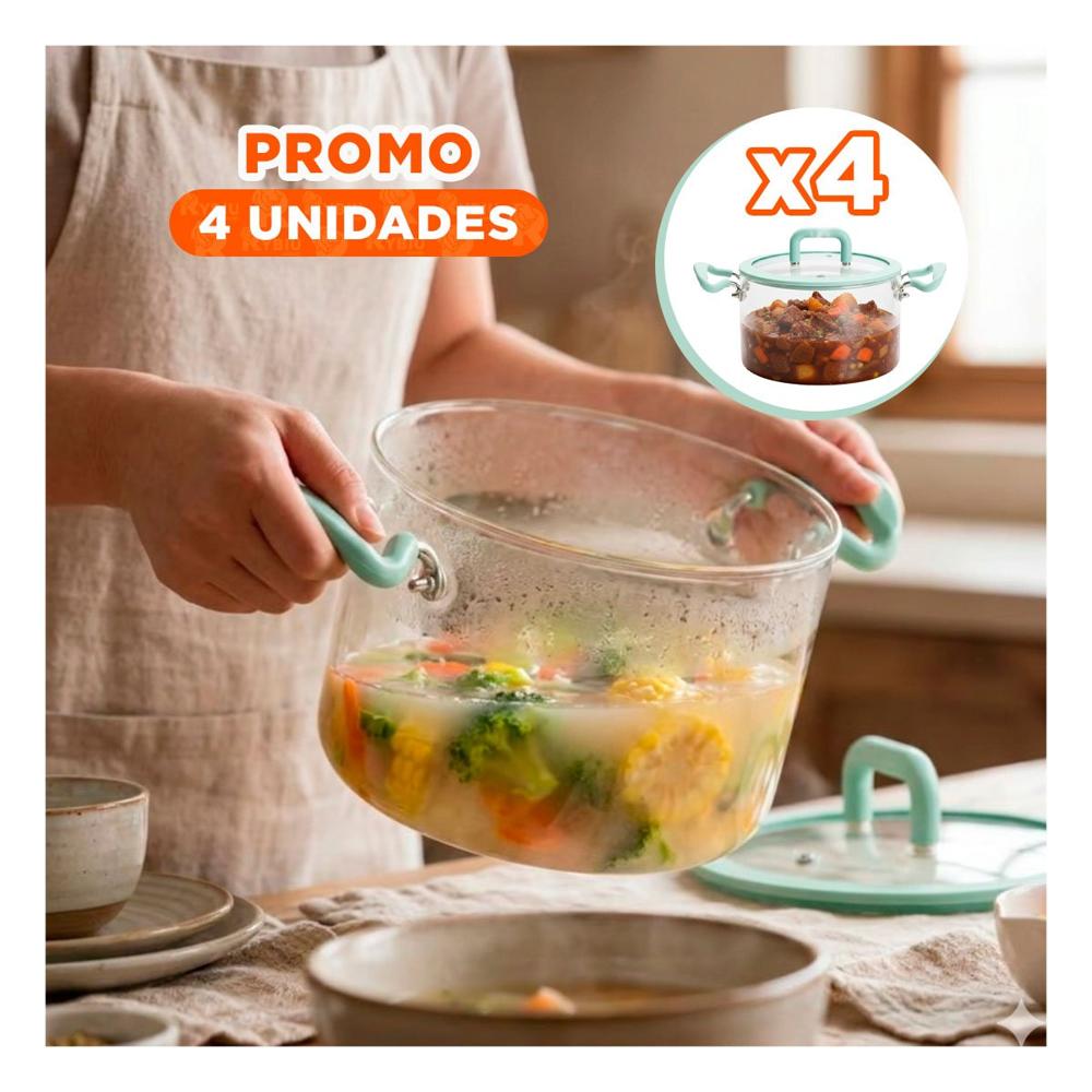 Pack4 Cazuela de Borosilicato Circular con Tapa Verde Agua y Transparente 4.5L YRegalo Sticker