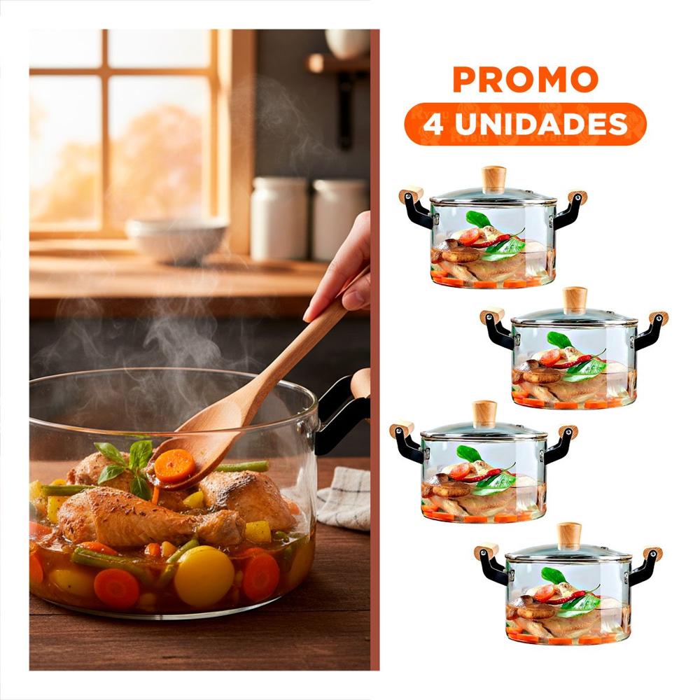 Pack4 Olla Circular 4.5L Transparente con Asa de Madera y Tapa de Borosilicato