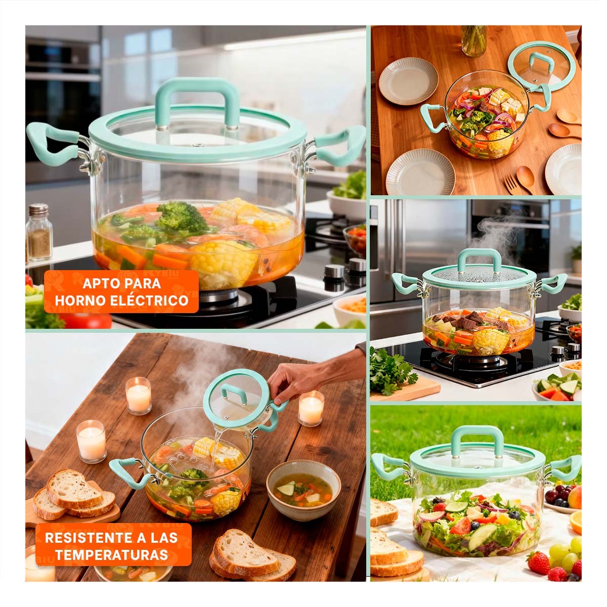 Recipiente Verde Agua y Transparente 4.5L con Tapa de Borosilicato y Asa Y Ligas Regalo