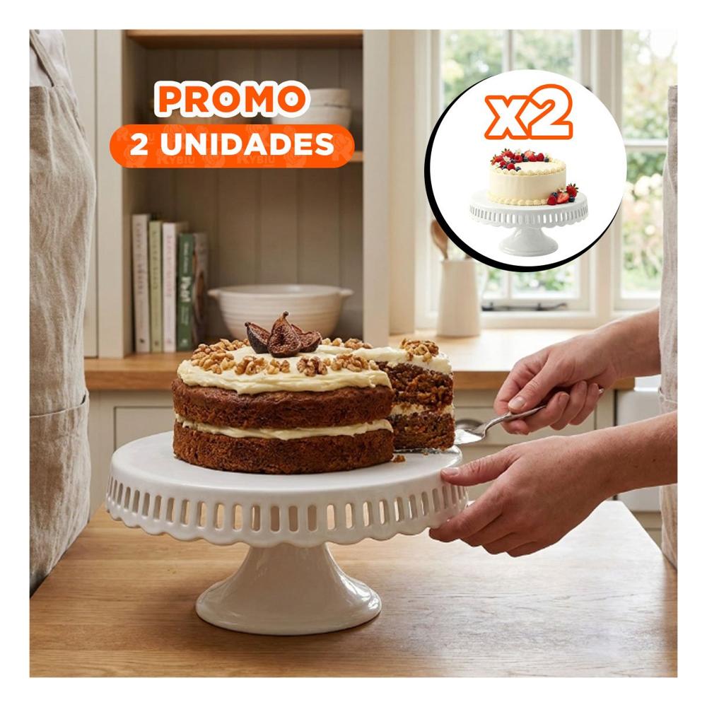 Pack2 Exhibidor para Torta Ceramica Rayitas Blanco 30 cm para Eventos