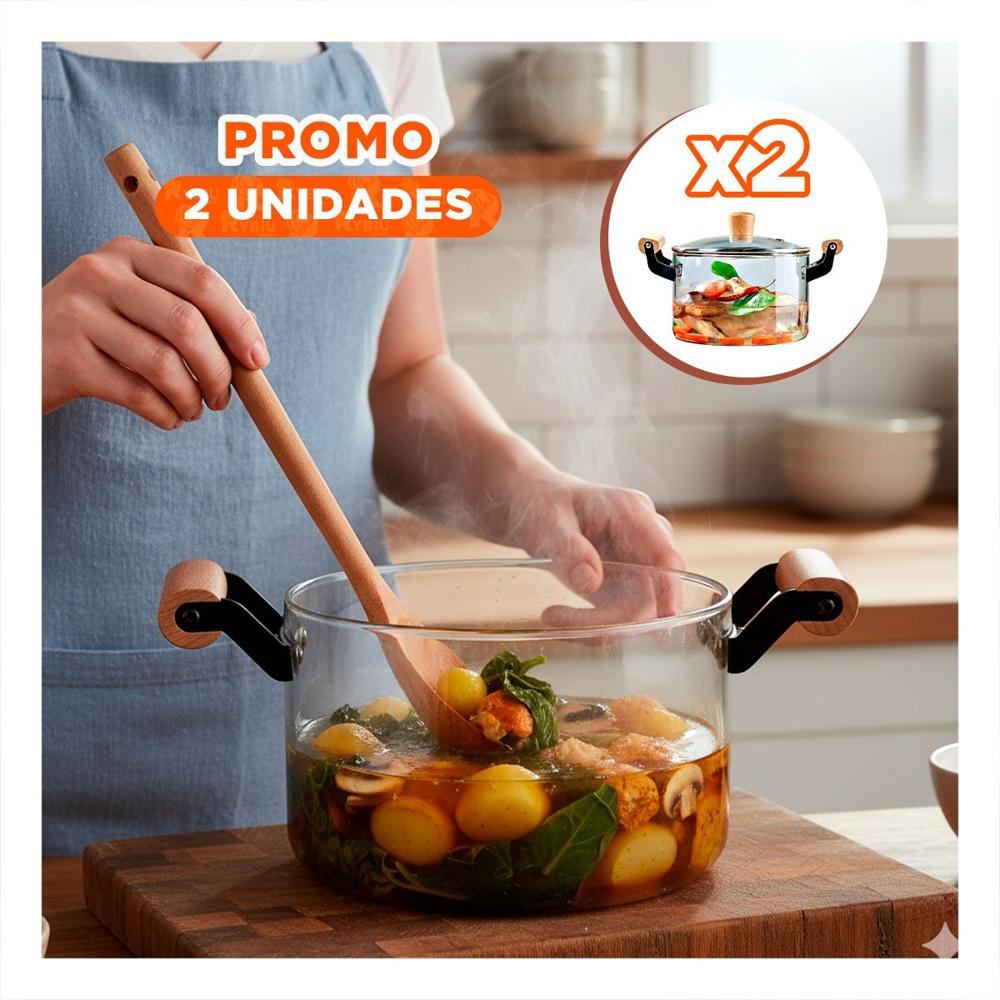 Pack2 Cazuela Transparente con Asa de Madera de Borosilicato y Tapa Circular 4.5L YPapel Regalo
