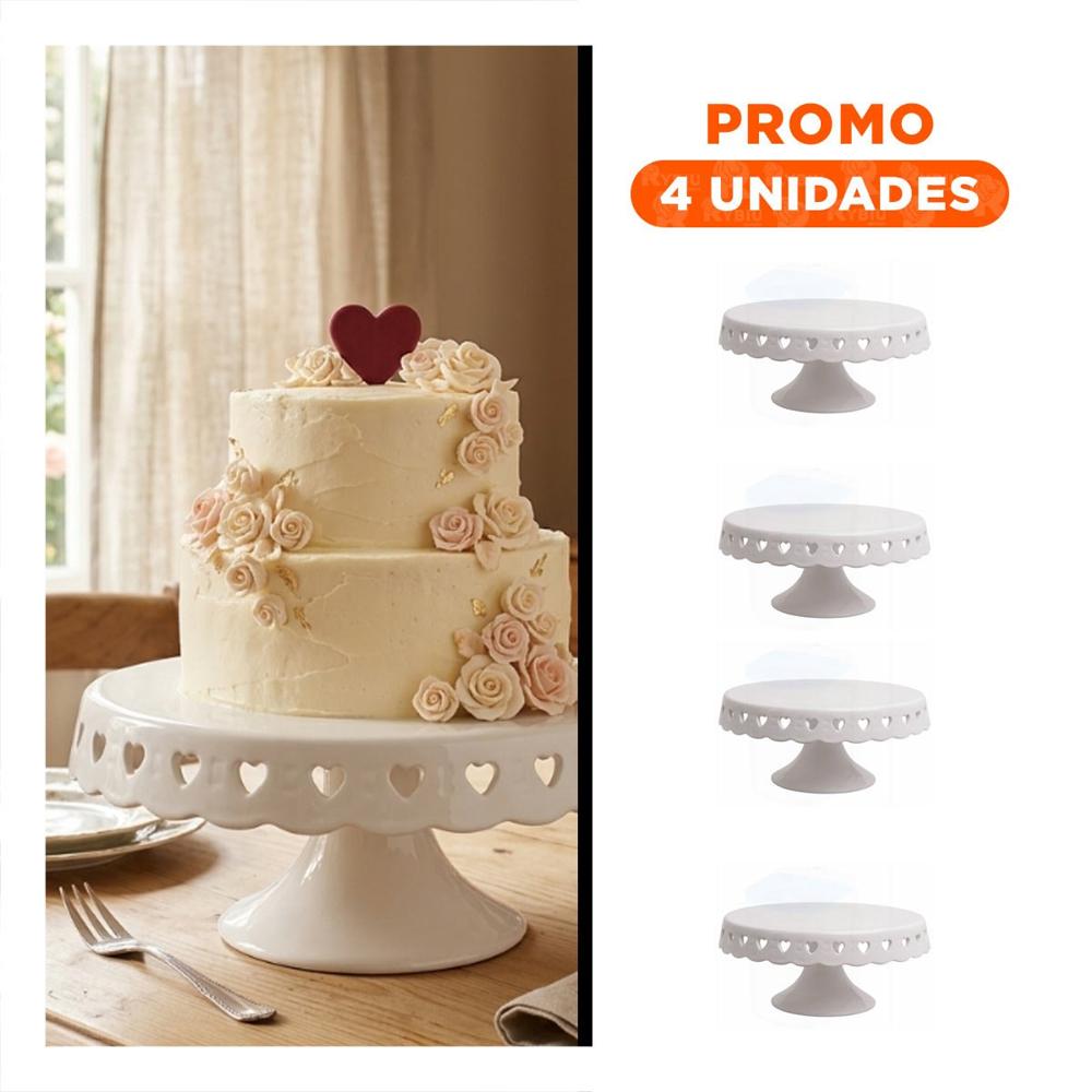 Pack4 Pedestal para Reposteria Corazones Color Blanco Ceramica 25 cm