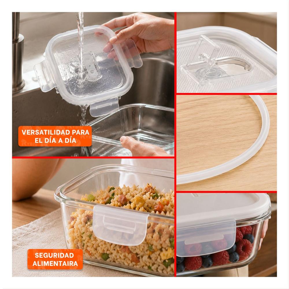 Contenedor de Vidrio 800 ml Cuadrado Transparente Linea Blanca con Tapa Y Ligas Regalo