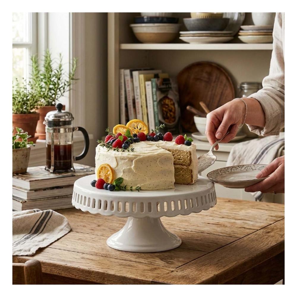 Pedestal Decorativo Color Blanco Rayitas Ceramica 30 cm para Postres YSticky