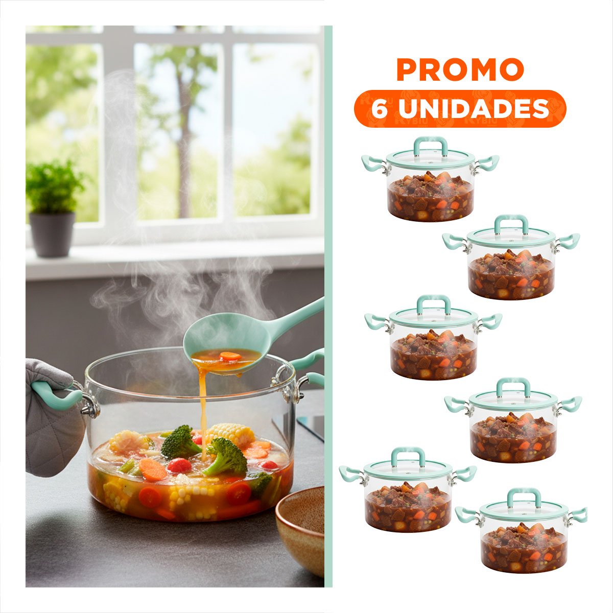 Pack6 Cazuela con Tapa Circular Asa y Borosilicato Verde Agua y Transparente YRegalo Sticker