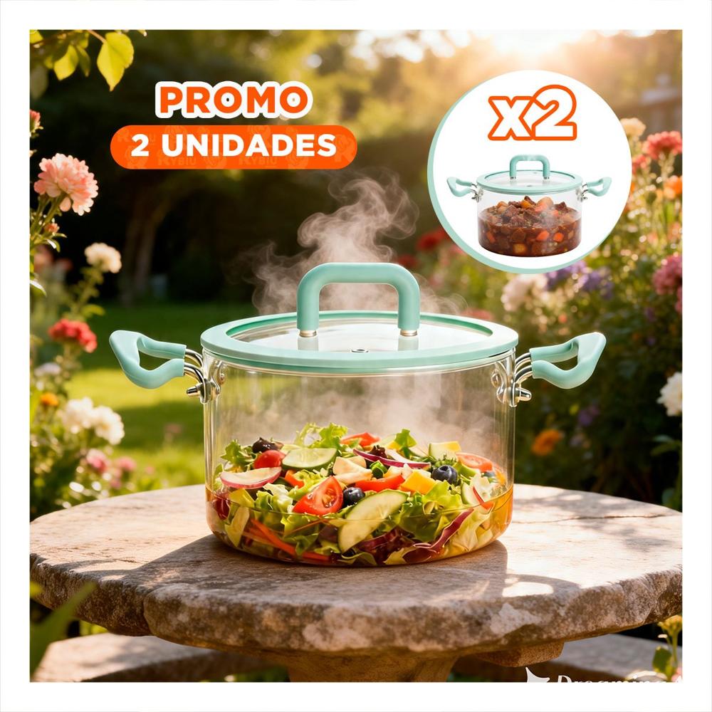 Pack2 Cacerola de Borosilicato con Tapa Circular 4.5L Verde Agua y Transparente y Asa