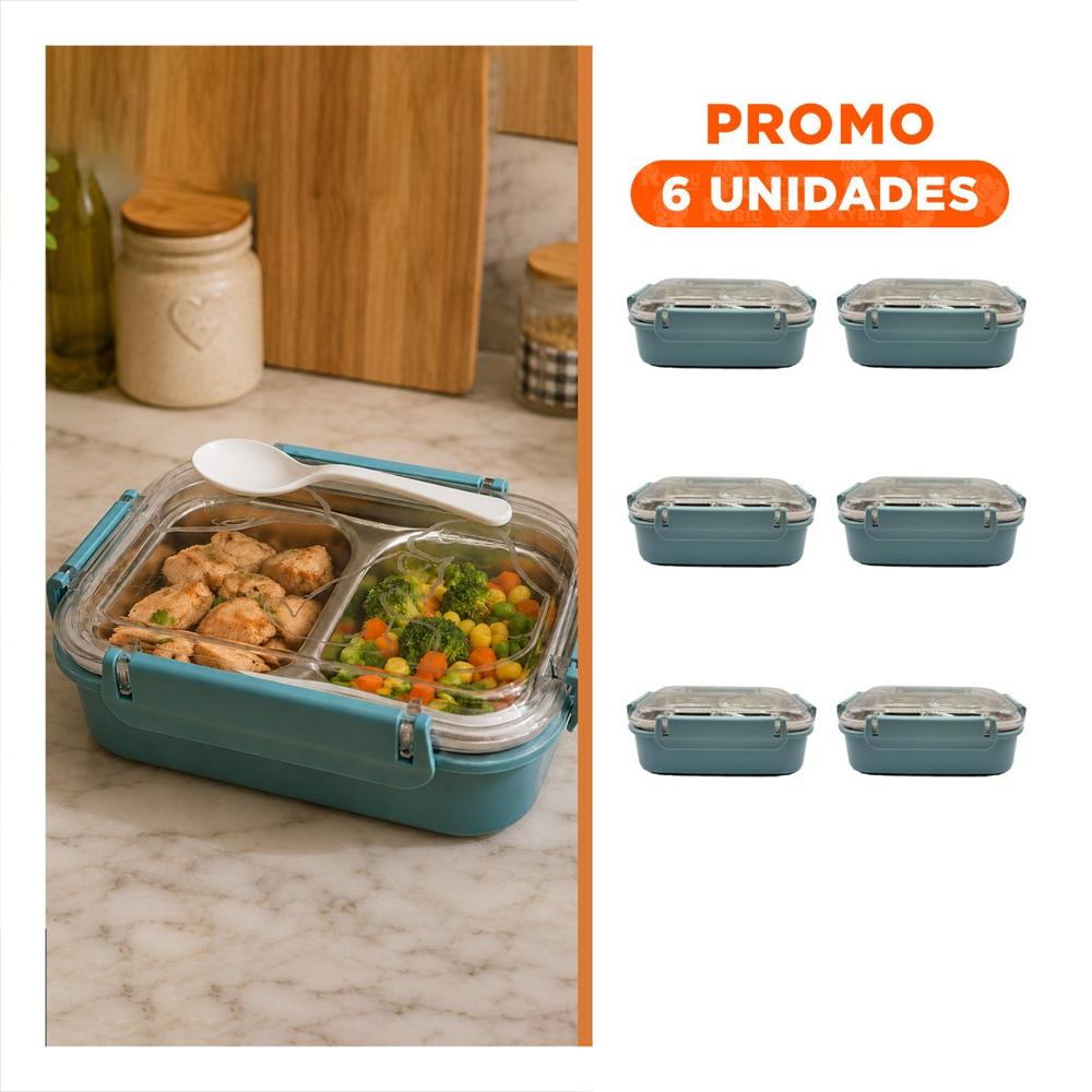 Pack6 Envase con Cubierto Rectangular de 2 Niveles Pez Cat Celeste YRegalo Sticker