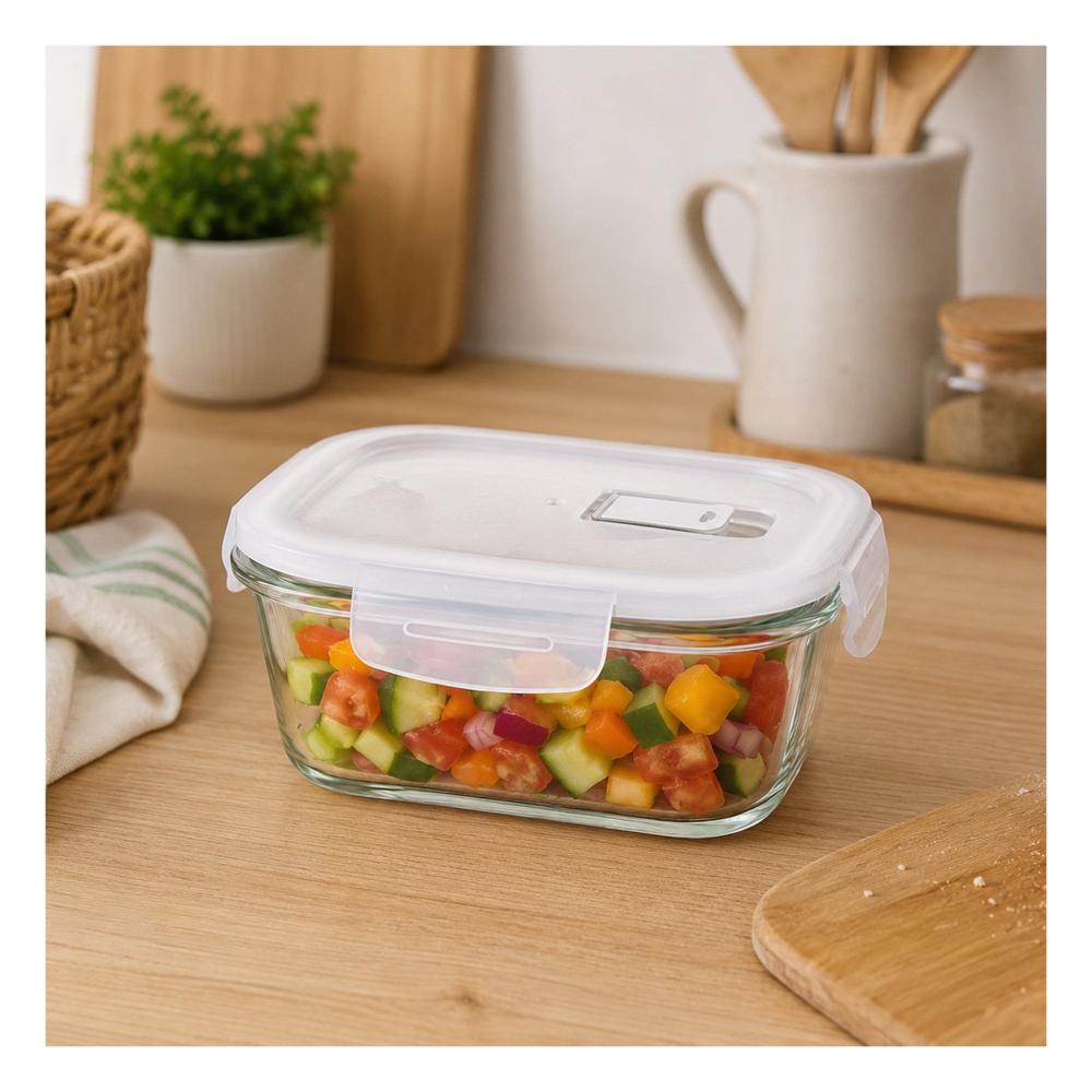 Taper de Vidrio 800 ml Cuadrado Transparente Linea Blanca para Conservar Alimentos