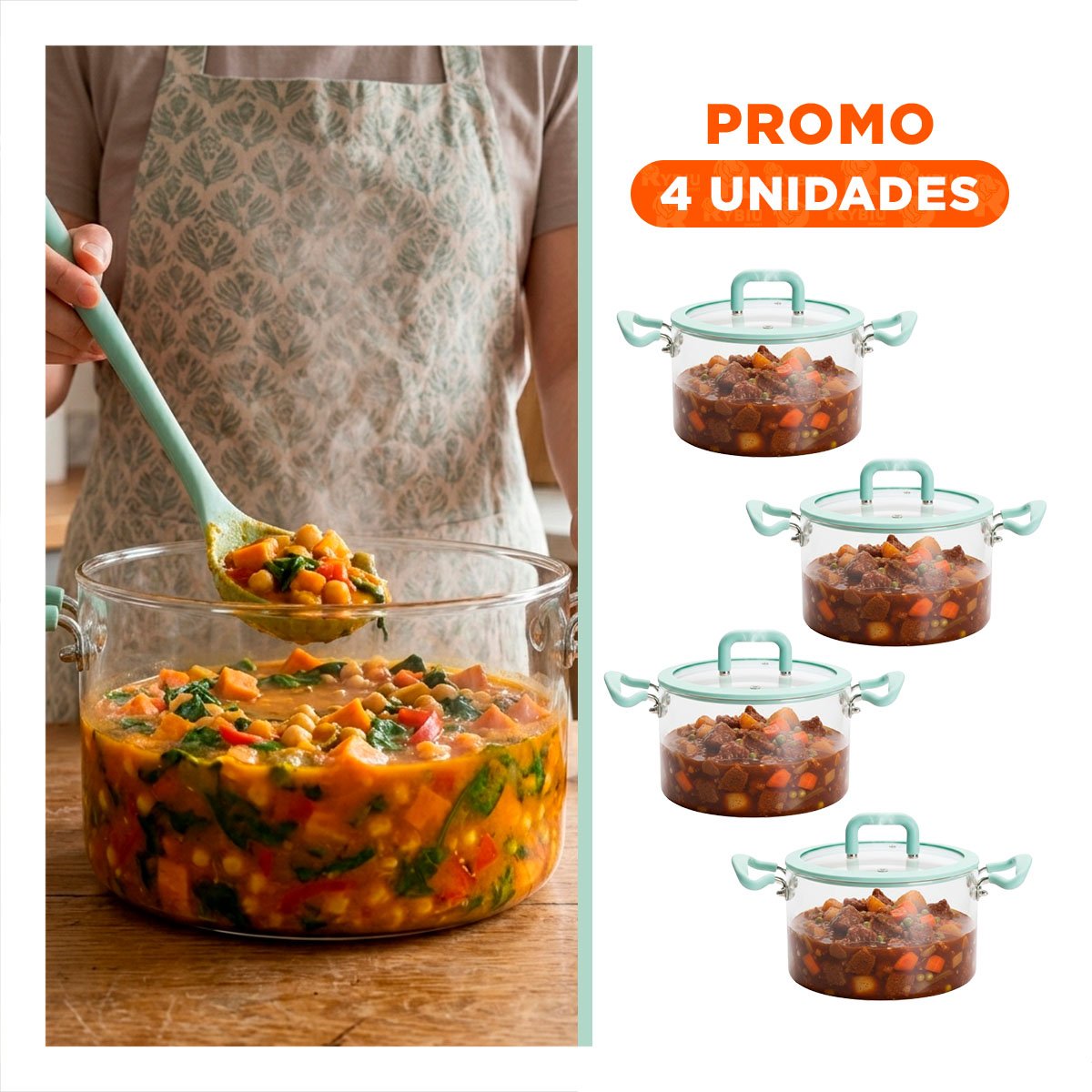 Pack4 Olla Circular 4.5L Verde Agua y Transparente con Asa y Tapa de Borosilicato