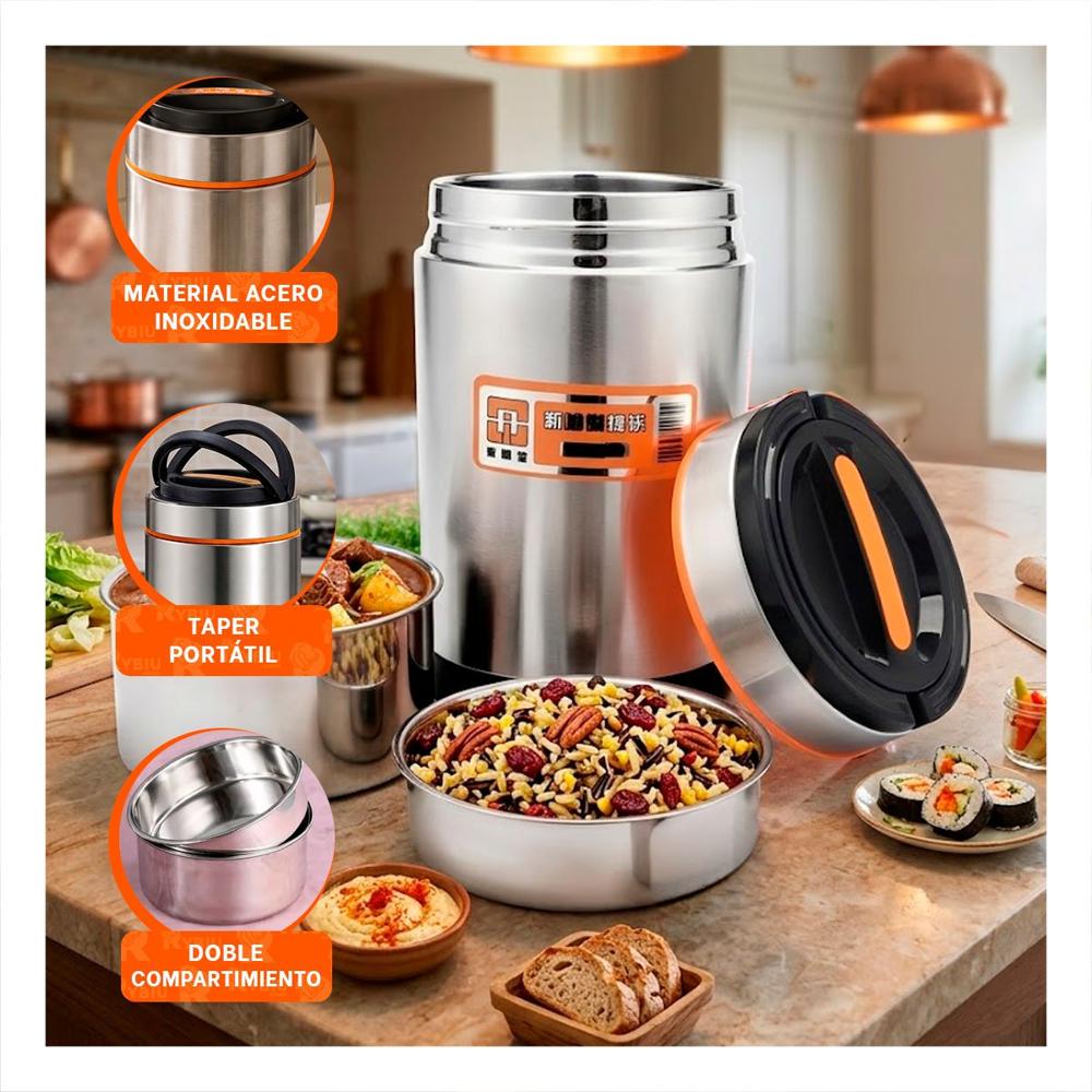 Contenedor para Alimentos 1400ml Color Naranja y Plateado de Uso Diario YLigas Regalo
