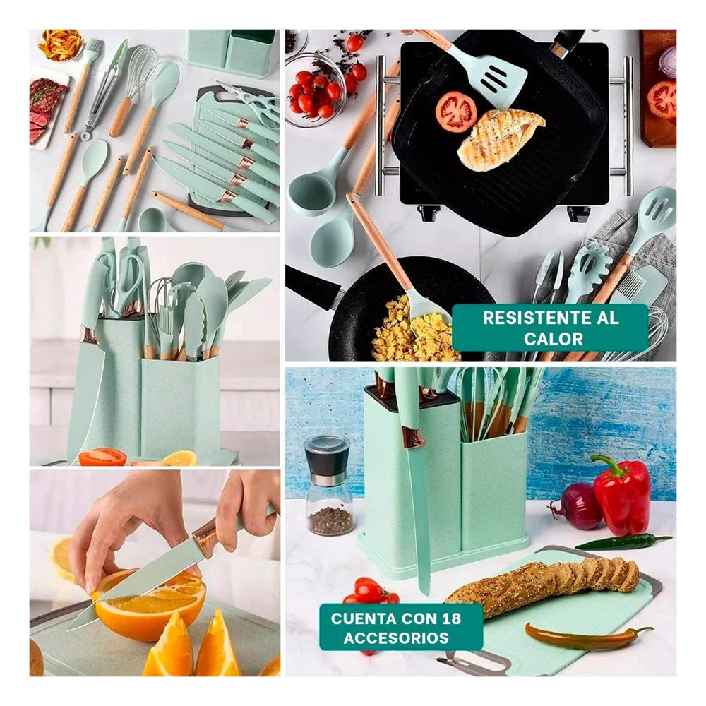 Set Cocina con Tabla incluida 18 Piezas en Acero Inoxidable Verde YLigas Regalo