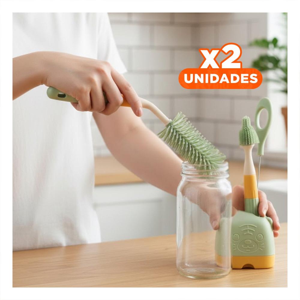 Pack2 Set para Bebe 4 Pzs Verde Base Osito para Limpiar Biberones Facilmente Y Papel Regalo