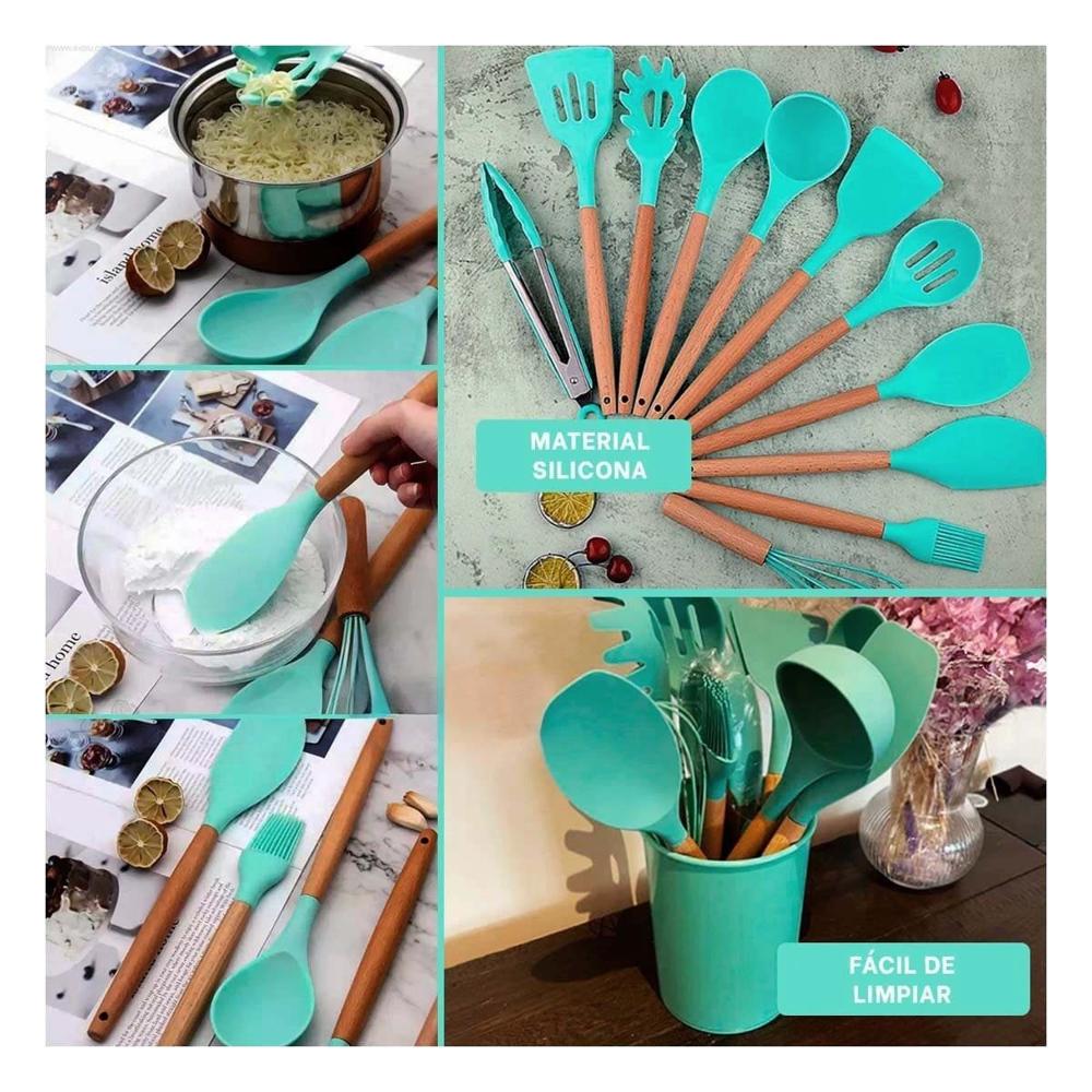 Set de Utensilios Color Verde en Silicona con 12 Piezas para Cocina Familiar YLigas Regalo