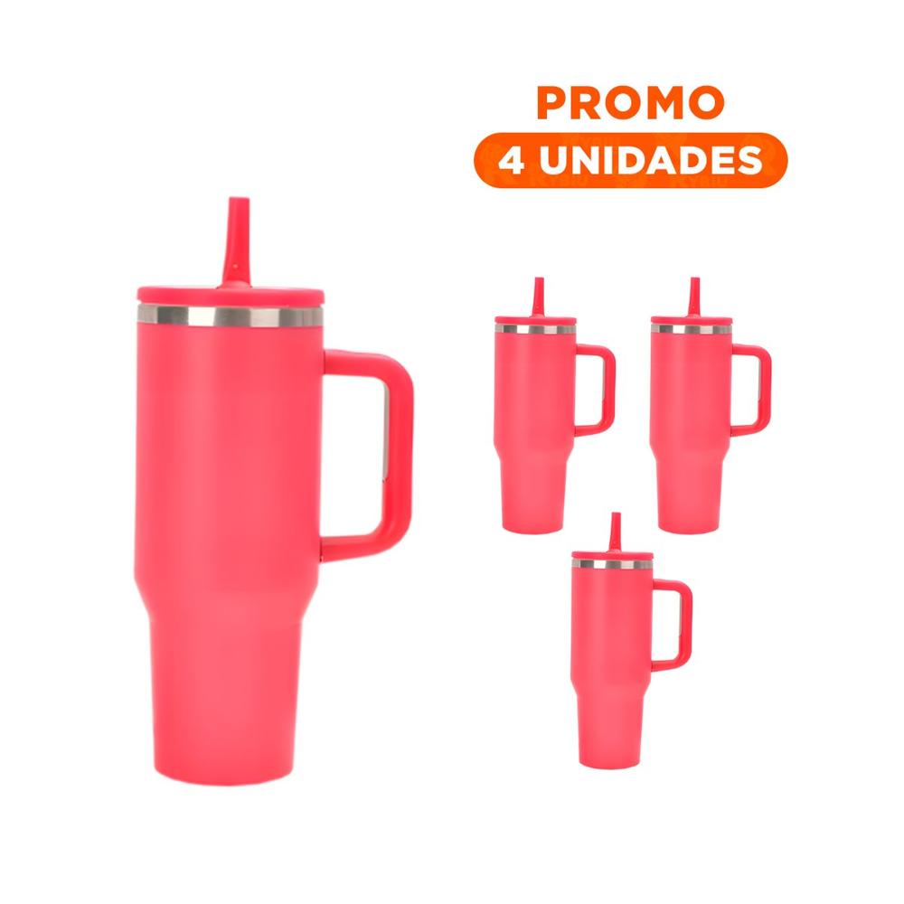 Pack4 Taza en Color Fucsia 1200ML con Asa Amplia y Pico Funcional ABS y Acero