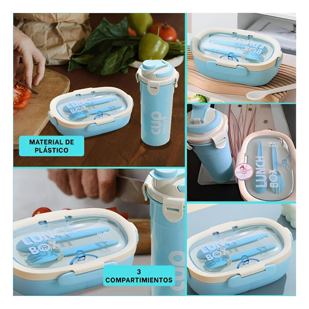 Caja 850ml con Cubiertos y Tomatodo 480ml Celeste Practico Versatil YLigas Regalo