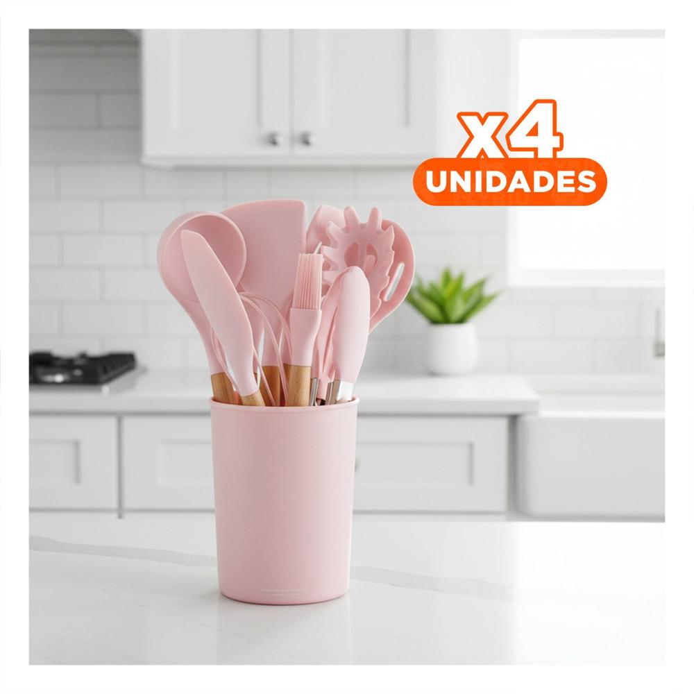 Pack4 Conjunto Practico de Cocina Color Rosado con 12 Piezas en Silicona YRegalo Sticker
