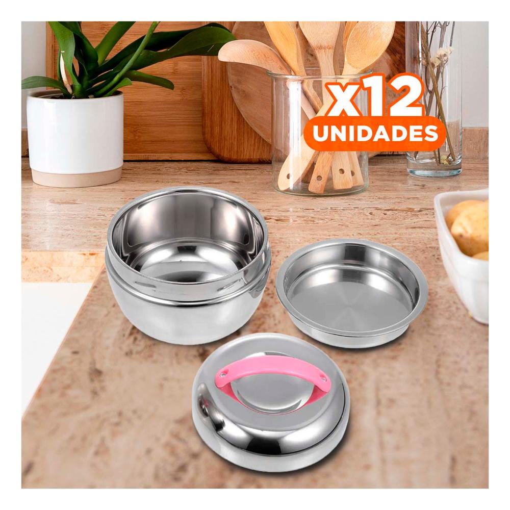 Pack12 Recipiente Termo Rosa y Plomo Circular Con Cierre Seguro para Comidas YRegalo Sticker