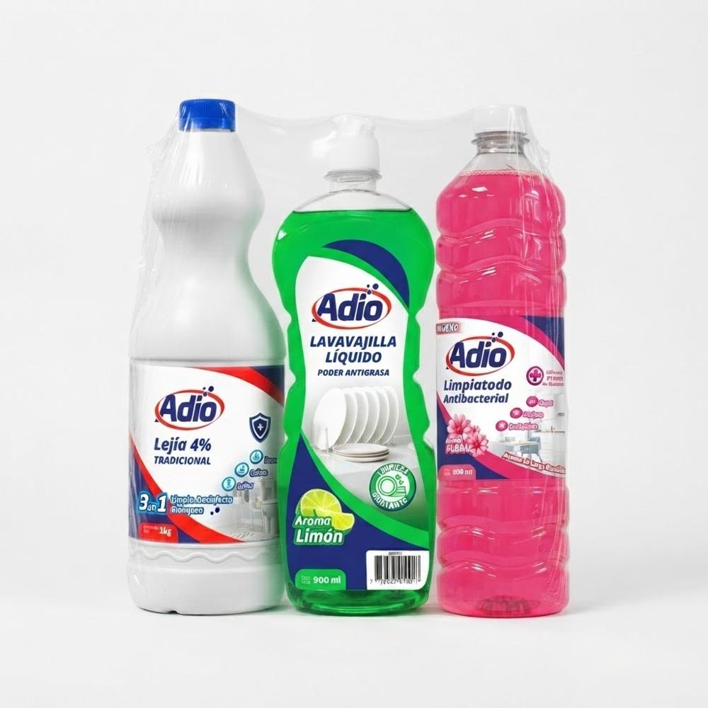 TRIPACK ADÍO Lejía 1kg - Lavavajilla Líquido 900ml - Limpiatodo Antibacterial 900ml