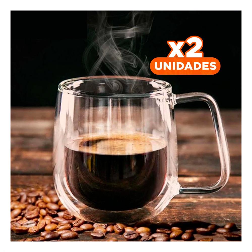 Pack2 Copa con Espresso Doble Capa 100 ML en Color Transparente Asa Cuadrada Y Papel Regalo
