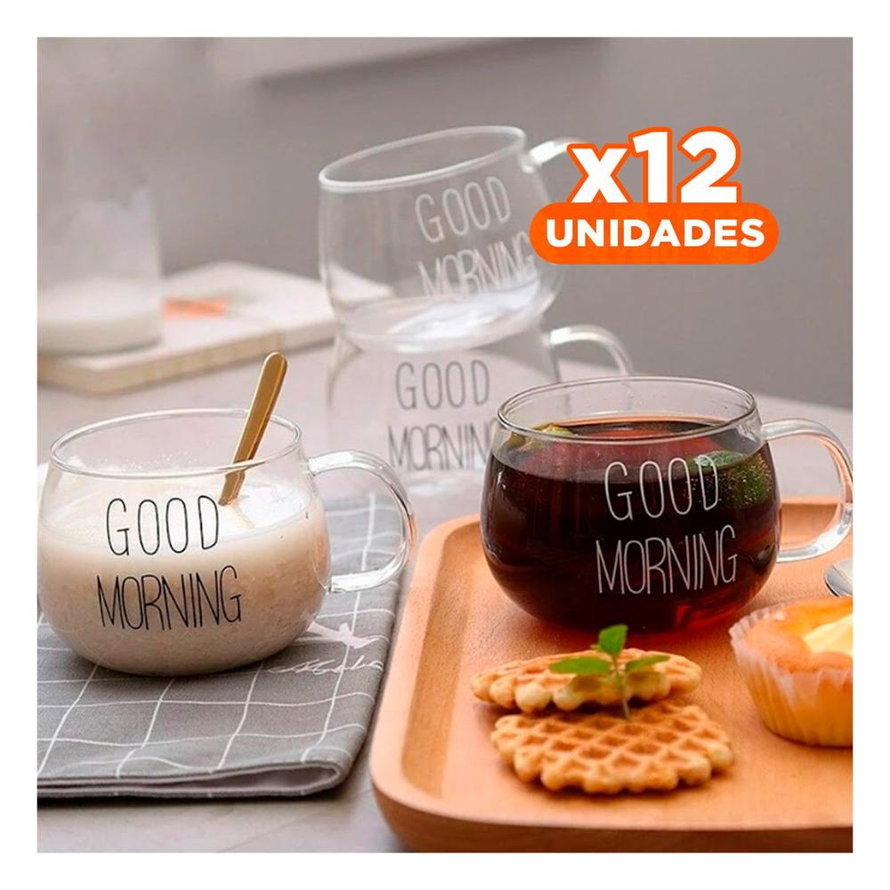 Pack12 Vaso 350 ML en Color Transparente de Vidrio Frase Good Morning Y Regalo Sticker