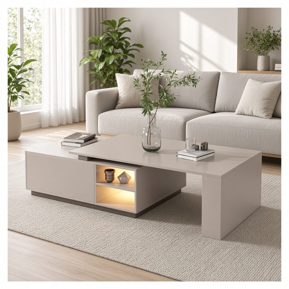 Mesa de Centro Geno Asimétrica con Nicho LED Color Taupé TU MESITA Canto Grueso