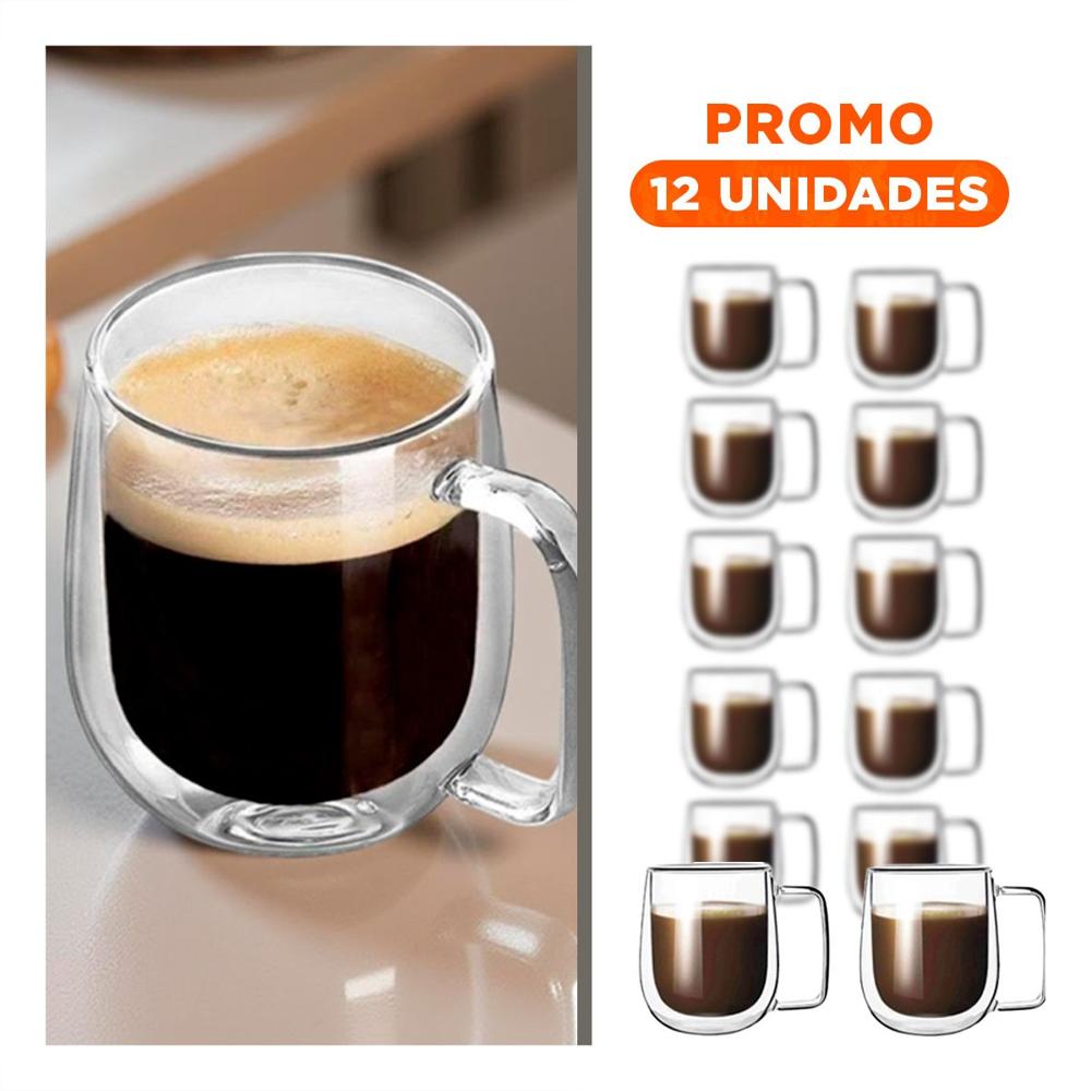 Pack12 Vaso Doble Capa 100 ML Espresso Transparente con Asa Cuadrada
