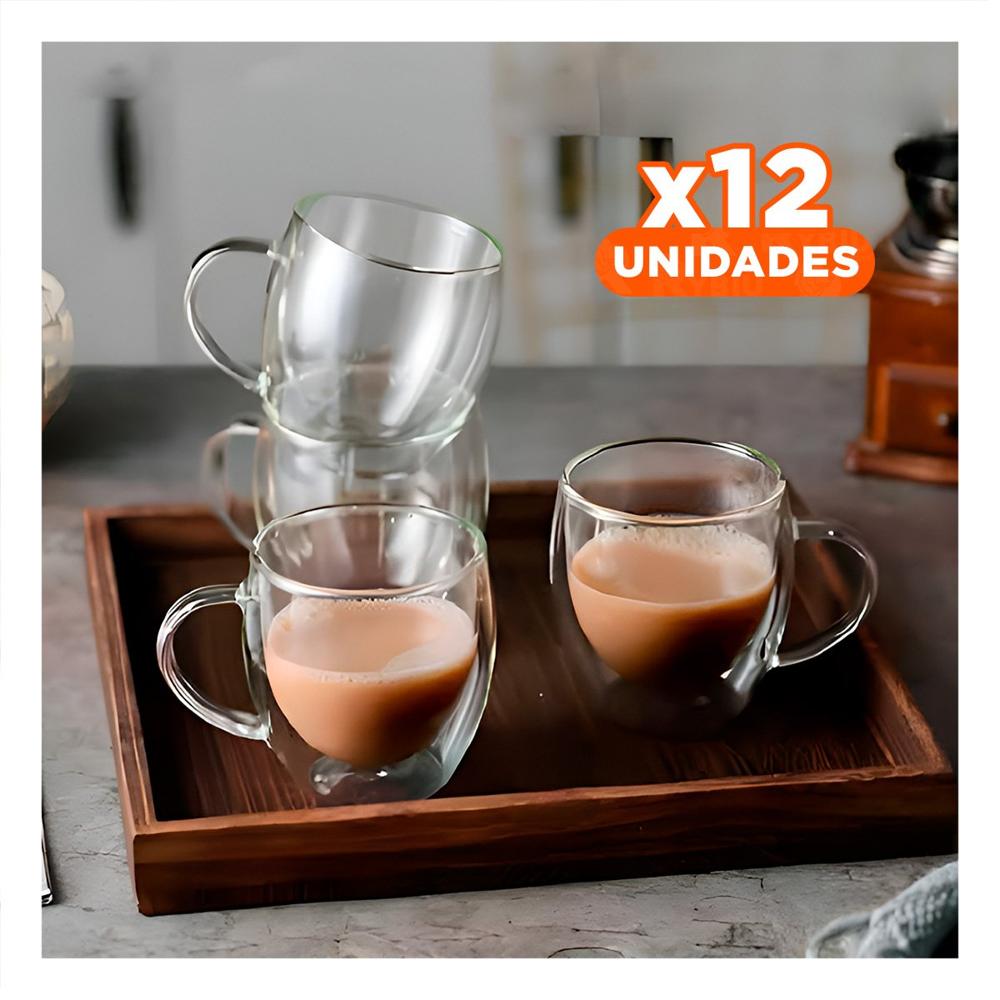 Pack12 Vaso de Color Transparente 100 ML Espresso Doble Capa Asa Circular Y Papel Regalo