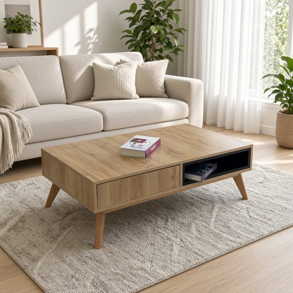 Mesa de Centro Cira con Cajón y Nicho Color Duna Negro TU MESITA Canto Delgado