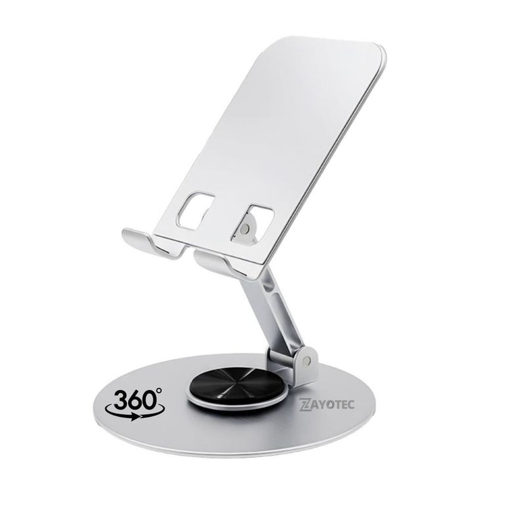 Soporte Metálico para Celular Alta Calidad Plateado Antideslizante Rotación 360° Escritorio