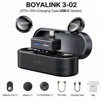 Micrófono BOYA BOYALINK 3-02 USB-C 2 TX + RX, Estuche, TRS 3.5mm, IA, 300m, Negro
