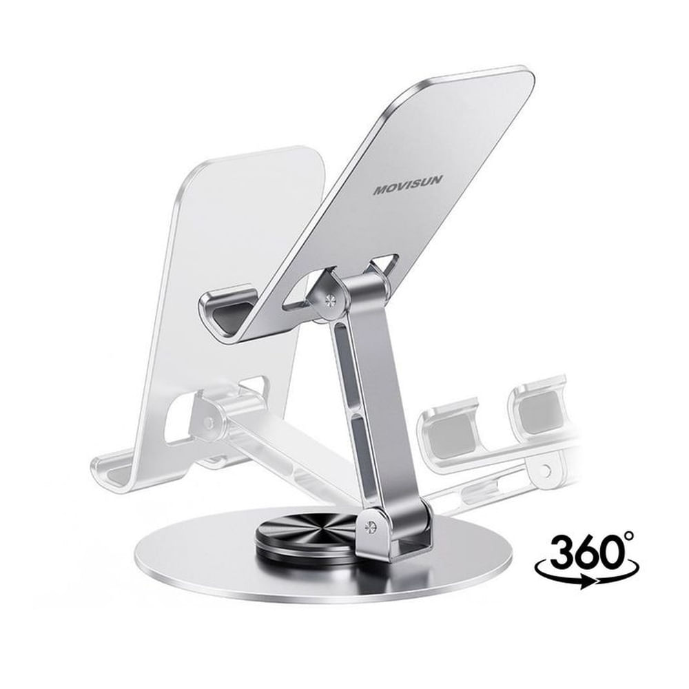 Soporte Metálico para Celular MOVISUN Plateado Alta Calidad Antideslizante Rotación 360° Escritorio