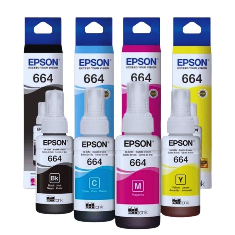 Epson Kit de Tintas Originales T664 x4 Colores Negro Cyan Magenta Amarillo