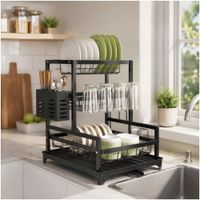 Escurridor de Platos Organizador de Cocina 3 Niveles Acero al Carbono 40x39.5x30.5cm