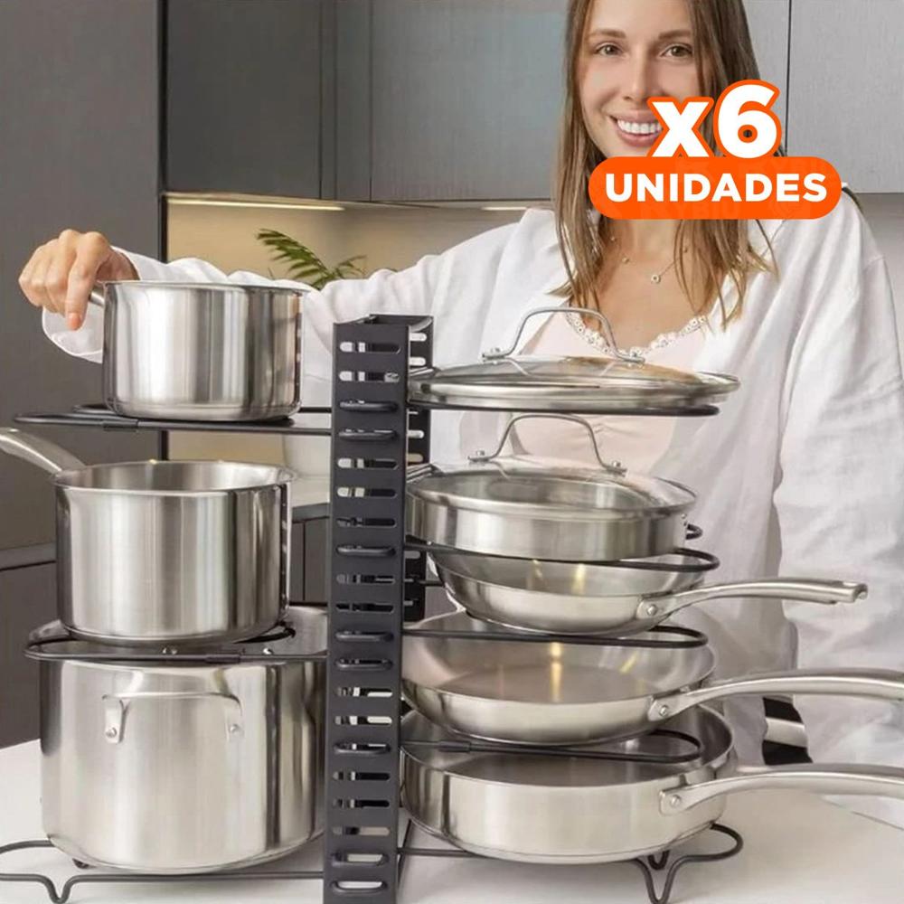 Pack6 Estante Ajustable para Ollas y Tapas Negro Cocina Moderna