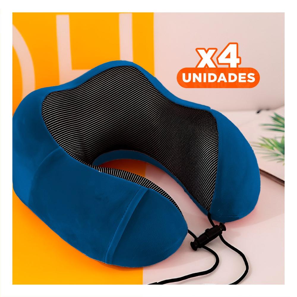 Pack4 Cojin de Cuello para Viajes en Terciopelo Azul con Espuma Viscoelastica Y Papel Regalo