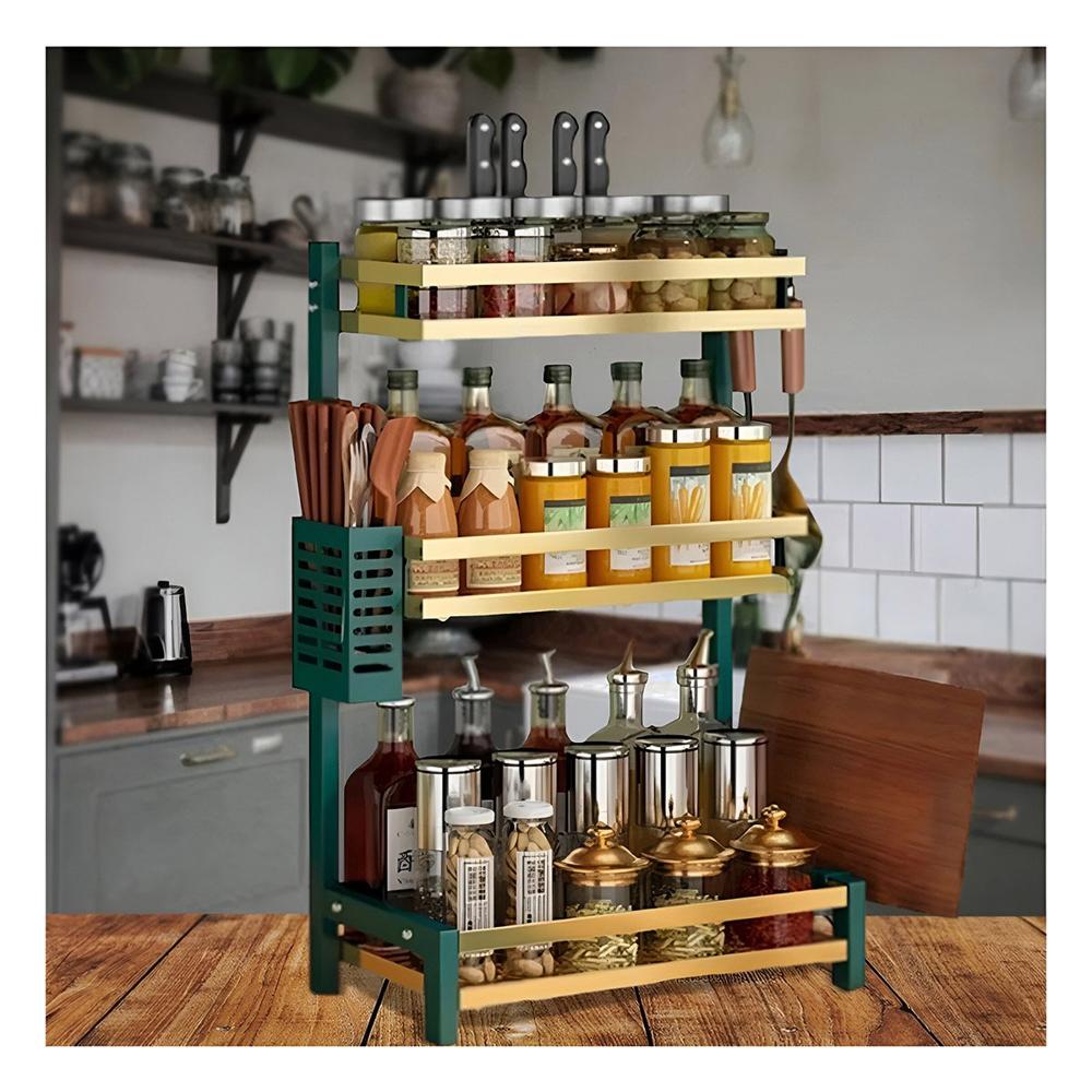 Organizador de 3 Niveles en Verde Dorado para Ordenar Condimentos en Cocina YPapel Regalo