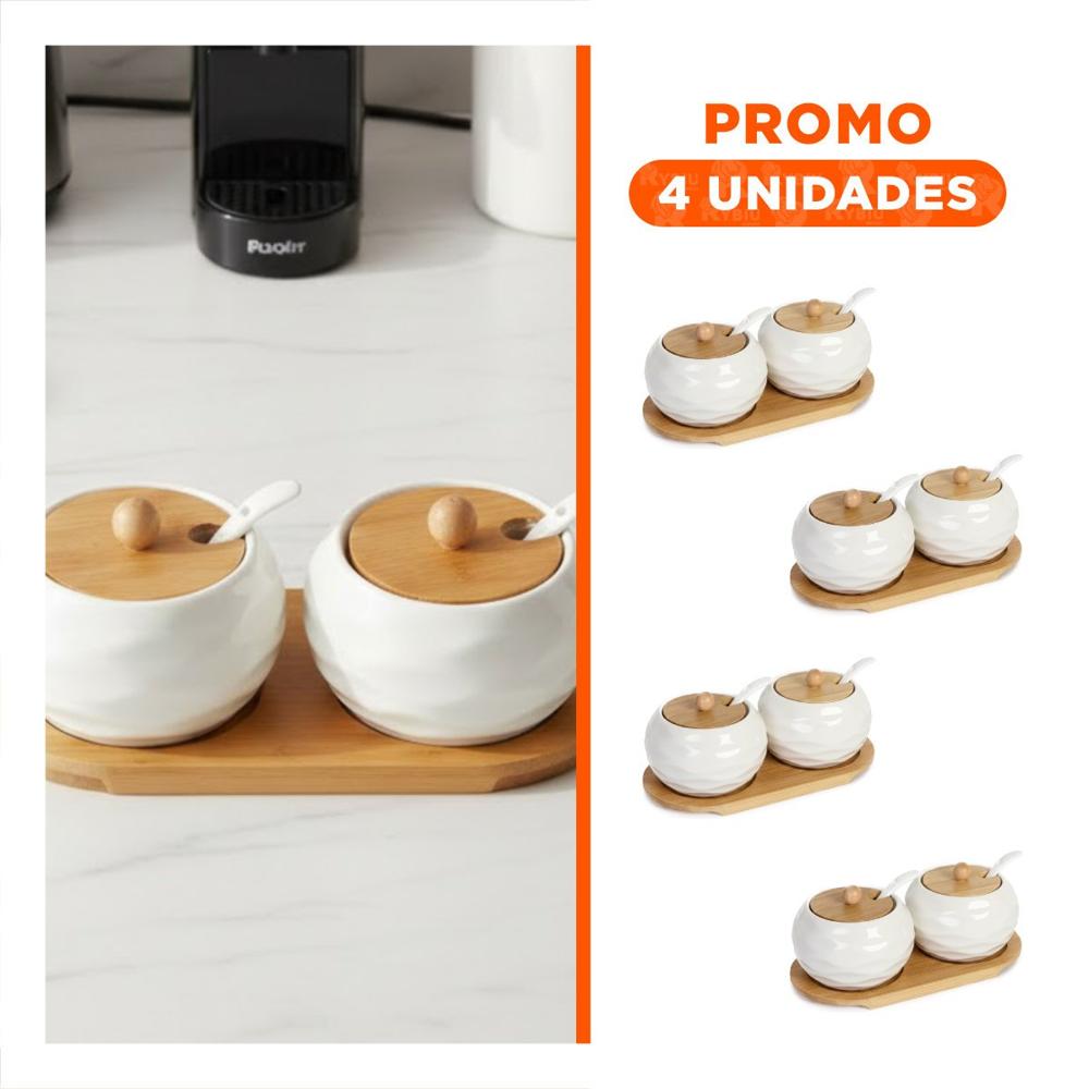 Pack4 Pack de 2 Recipientes Blanco Tapa Bambu 19.9cm Cocina y Organización Uso Diario